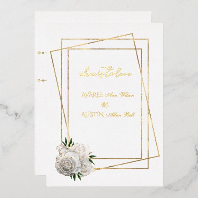 Rose aus weißem Glam und Weiß und Gold Folieneinladung (Vorderseite/Rückseite)