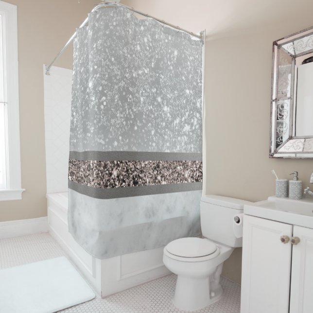 Rose aus weißem Marmor Gold Glitzer Streifen Glam  Duschvorhang (Beispiel)