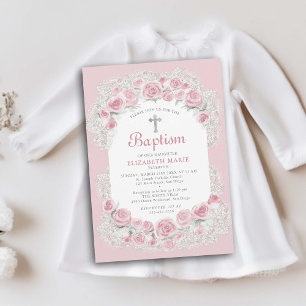 Rose Baby Atempink Weiß Elegante Girl Taufe Einladung