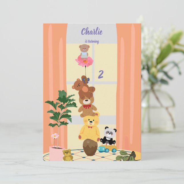Rose Baby Bear Geburtstag Einladung (Stehend Vorderseite)