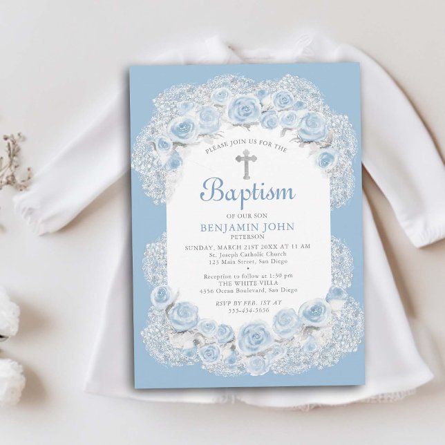 Rose Baby Breath Blue White Elegant Boy Taufe Einladung (boy baby baptism invitation christening elegant classy floral frame roses babys breath religious)