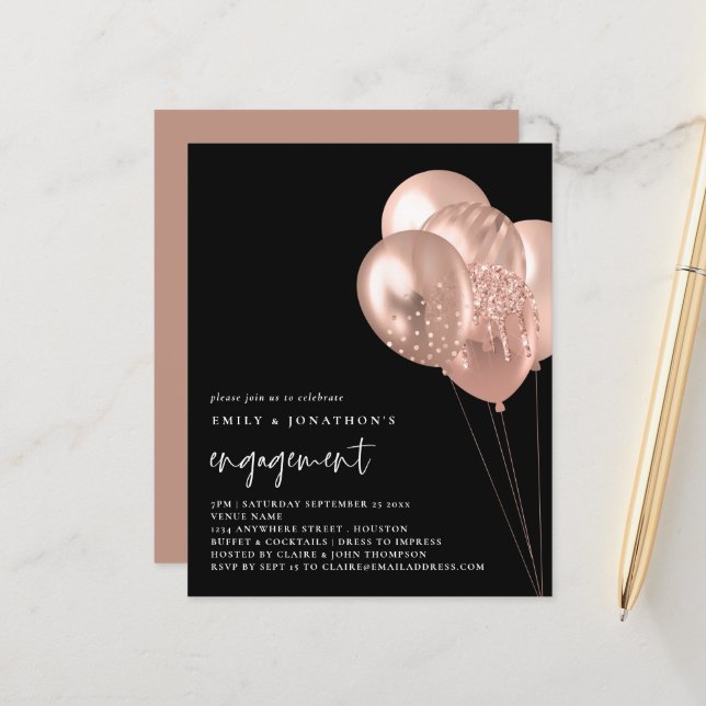 Rose Balloons Schwarze Verlobung Einladung (Vorderseite/Rückseite Beispiel)