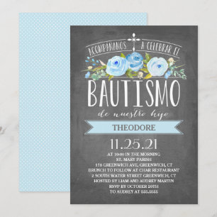 Rose Banner Blue Chalkboard   Spanisch Bautismo Einladung