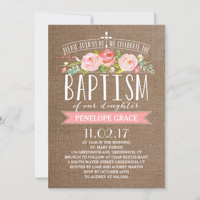 Rose Banner Burlap | Invitation au baptême (Devant)