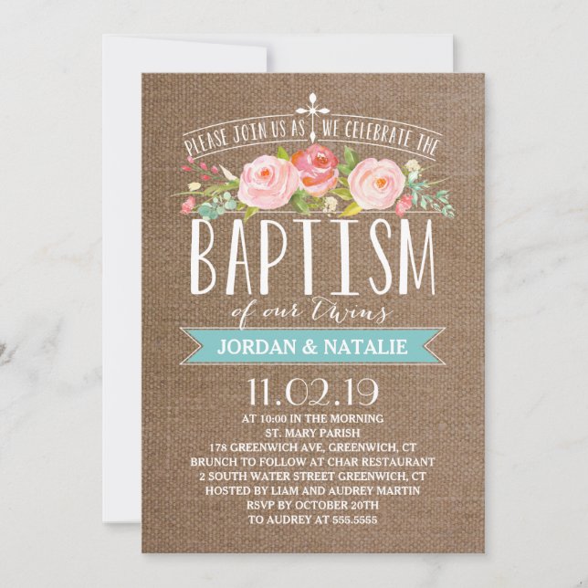 Rose Banner Burlap | Twins Taufe Einladung (Vorderseite)
