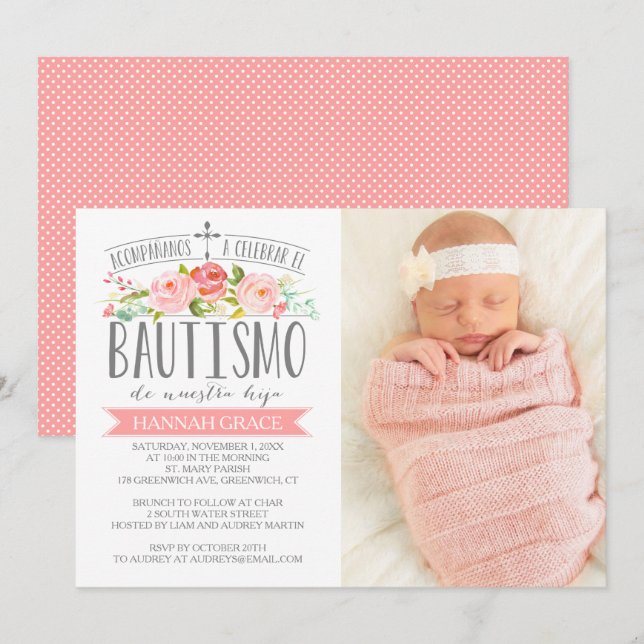 Rose-Banner Rosa mit Foto | Spanisch Bautismo Einladung (Vorne/Hinten)