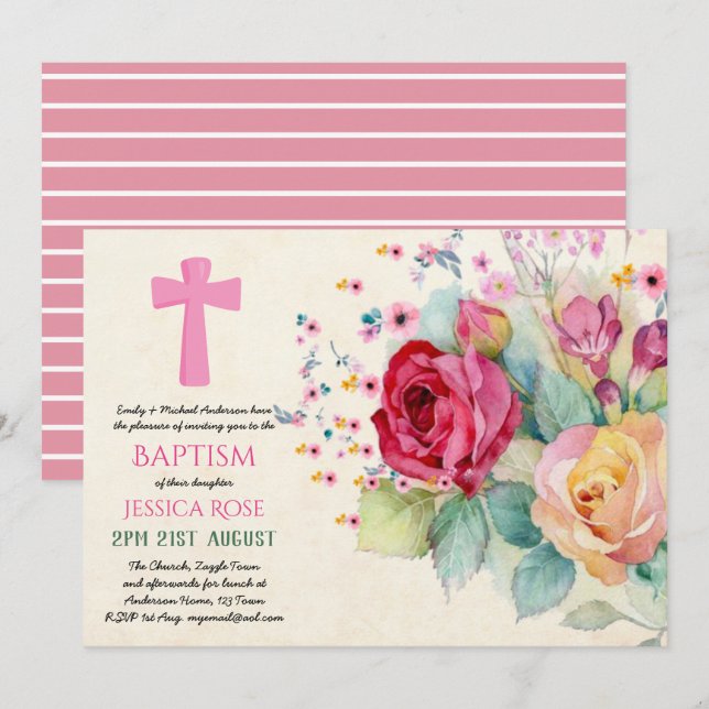 Rose BAPTISM Mädchen, Frauen einladen Einladung (Vorne/Hinten)