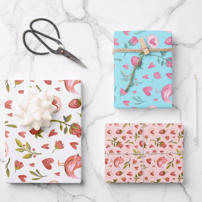 Rose Bird Herzmuster Valentinstag Geschenkpapier Set (Vorderseite)