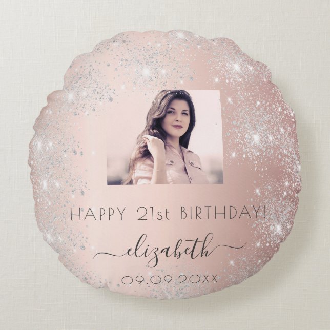 Rose Birthday Gold Schwarz Glitzer Name Foto Rundes Kissen (Vorderseite)