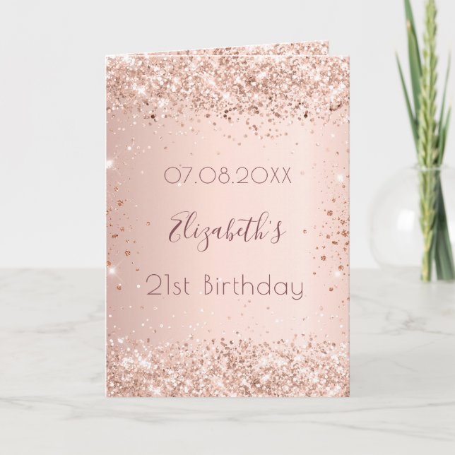 Rose Birthday Goldblush Glitzer Foto Name Karte (Vorderseite)