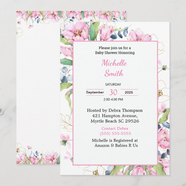 Rose Blanc Floral Baby Shower Invitations (Devant / Derrière)