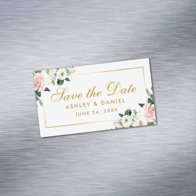 Rose Blanc Floral Économisez La Date Mini Magnet (In Situ)