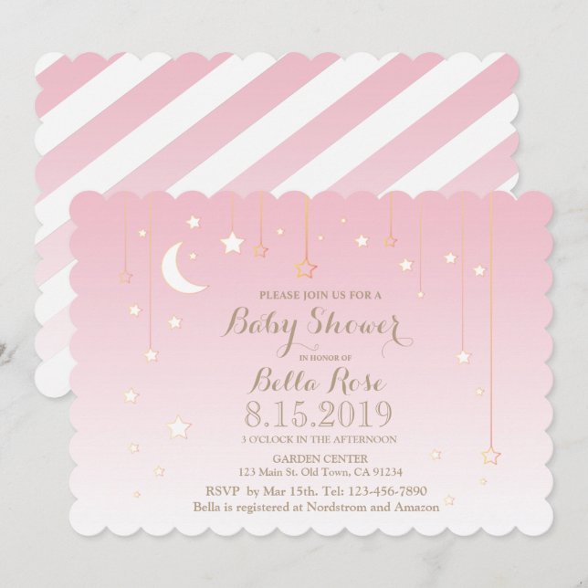 Rose blanc Lune étoile fille Invitation Baby showe (Devant / Derrière)
