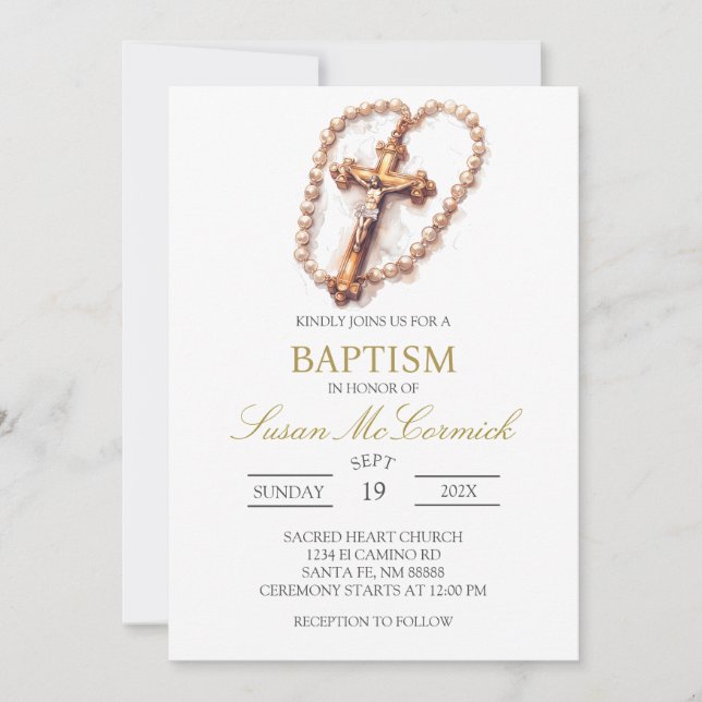 Rose blanche Baptême espagnol Invitation (Devant)