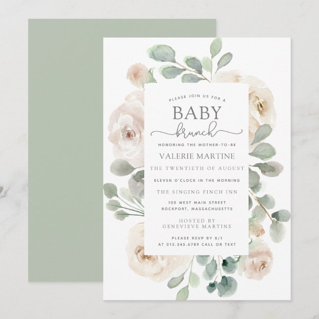 Rose blanche Floral Baby Brunch Invitation (Devant / Derrière)