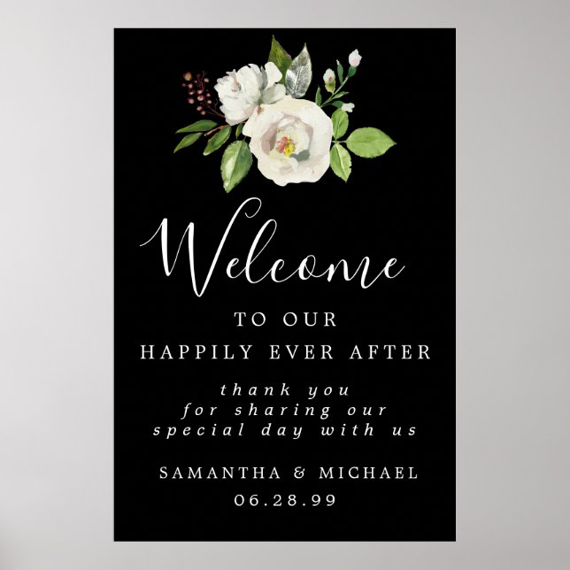 Rose blanche Floral Élégante Affiche de bienvenue  (Devant)