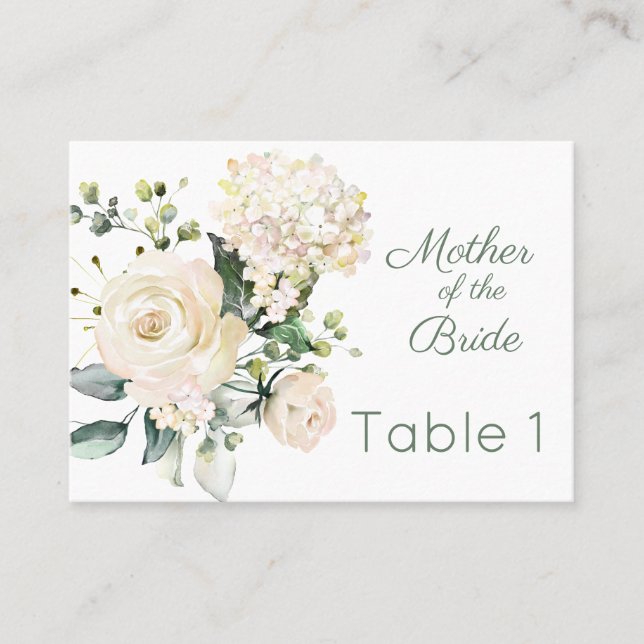 Rose blanche mariage, carte de place hydrangea (Devant)