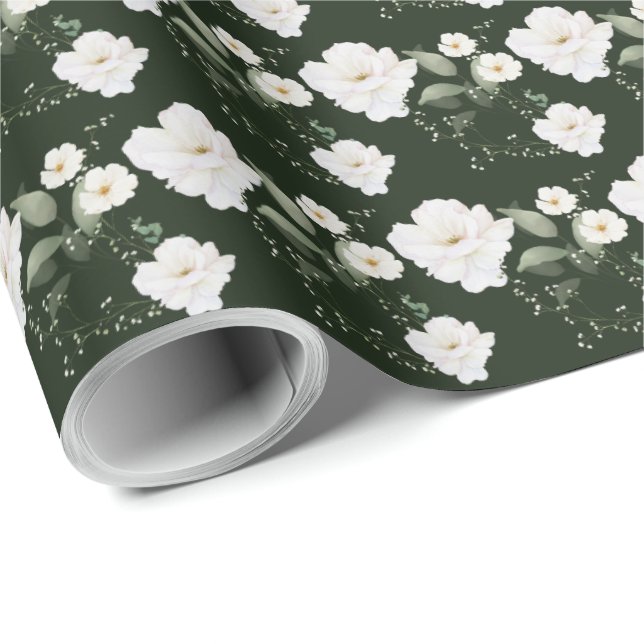 Rose blanche sur papier cadeau Floral noir (Coin rond)