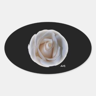 Rose blanche sur Sticker ovale noir
