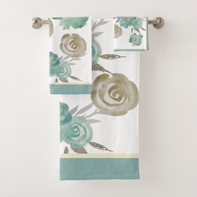 Rose Blau & Taupe auf Creme Badhandtuch Set (Insitu)