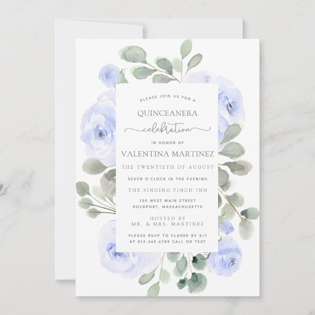 Rose bleu Floral Botanique Quinceanera Invitation (Devant)