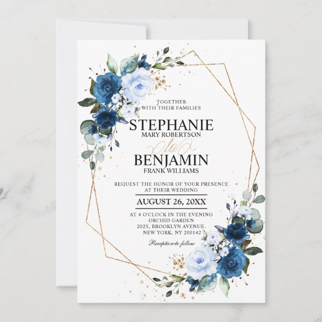 Rose bleu marine Boho Faire-part de mariage géomét (Devant)