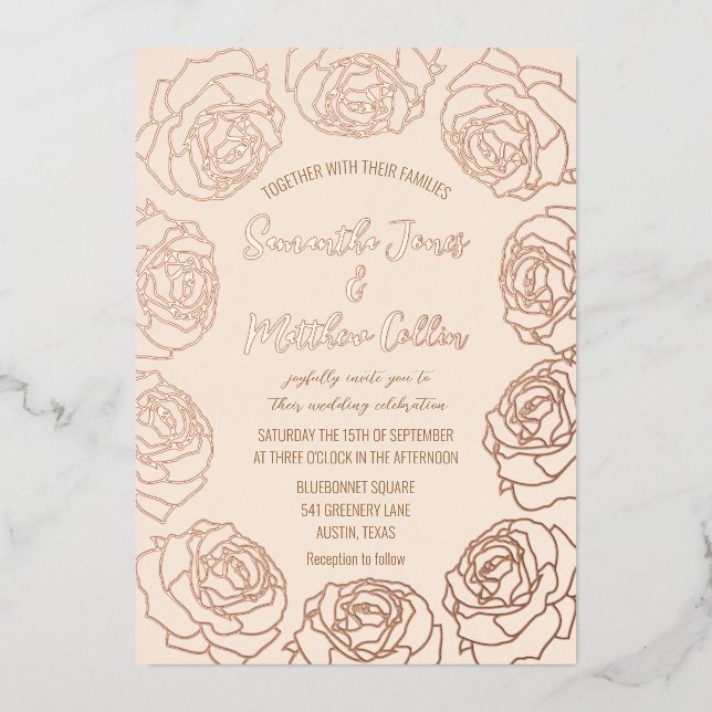 Rose Bloral Boho Blush Pink Goldfolie Hochzeit Folieneinladung (Vorderseite)