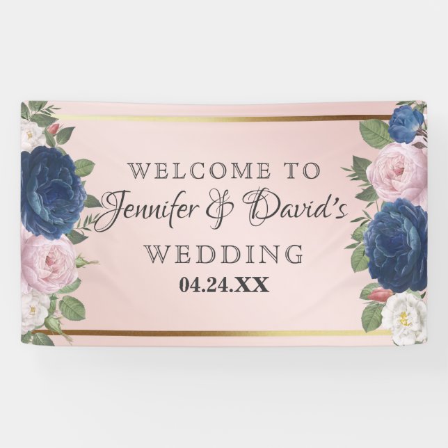Rose Bloral Navy Blush Pink Gold Hochzeit Banner (Horizontal)