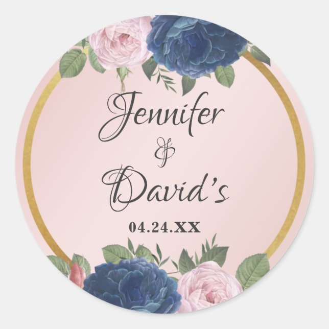 Rose Bloral Navy Blush Pink Gold Hochzeit Runder Aufkleber (Vorderseite)