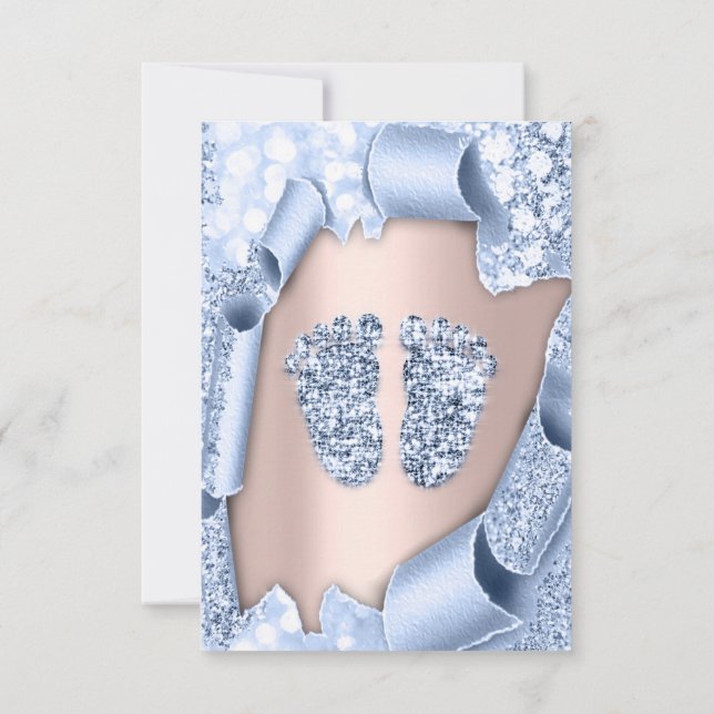 Rose Blue Baby Shower Feet Boy Glitzer Einladung (Rückseite)