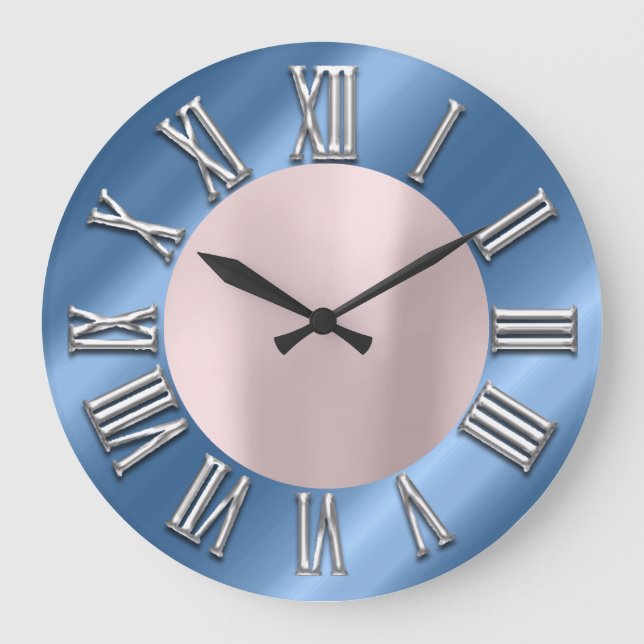 Rose Blue Gray Metal Gray Silver Roman Number Große Wanduhr (Vorderseite)