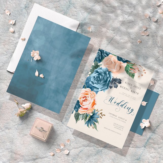 Rose Blue/Peach Wedding ID584 Einladung (Von Creator hochgeladen)