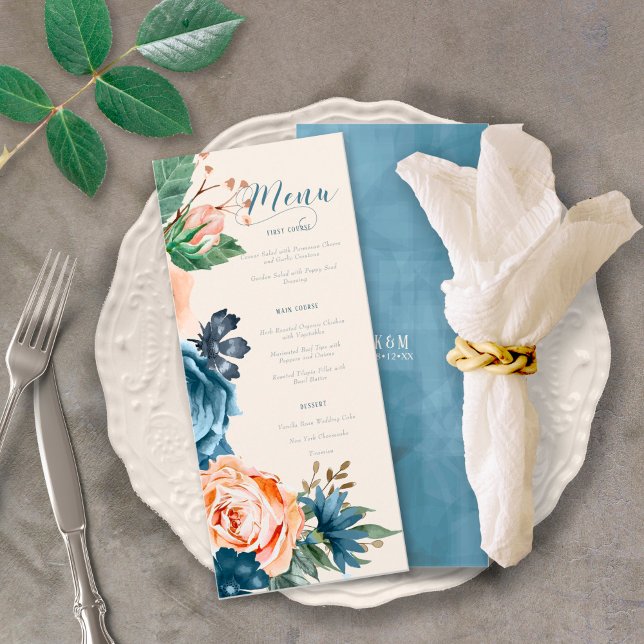 Rose Blue/Peach Wedding Menu ID584 Menükarte (Von Creator hochgeladen)