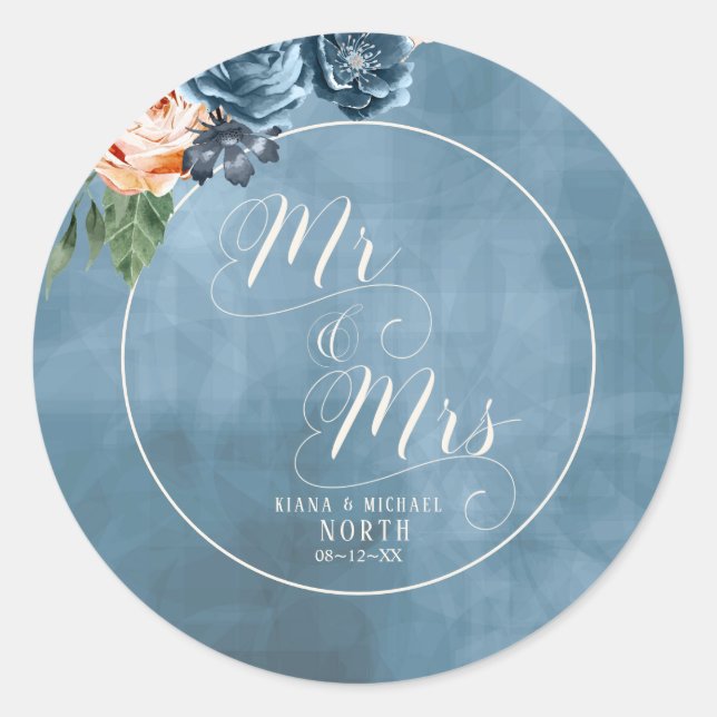 Rose Blue/Peach Wedding Mr. und Mrs. ID584 Runder Aufkleber (Vorderseite)