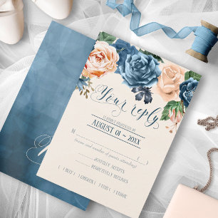 Rose Blue/Peach Wedding RSVP ID584 Karte