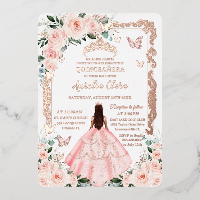 Rose Blues Quinceñera Princess Folieneinladung (Vorderseite)