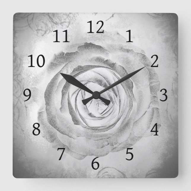 Rose Blume 13 Wand-Uhr Schwarz-Weiß-Quadrat Quadratische Wanduhr (Vorderseite)