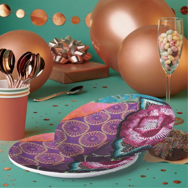 Rose Blume bestickt aussehen boho lila Pappteller (Multi)