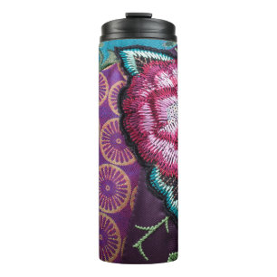 Rose Blume bestickt aussehen bunt boho Thermosbecher