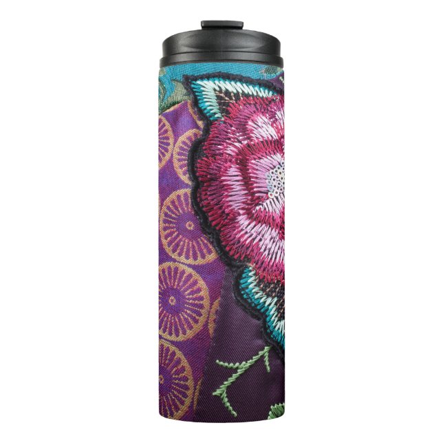 Rose Blume bestickt aussehen bunt boho Thermosbecher (Vorderseite)