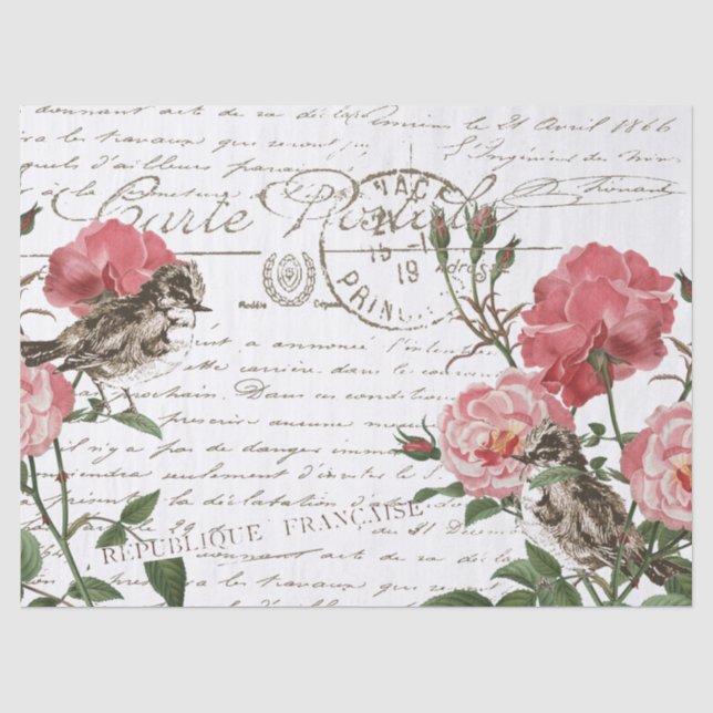 Rose Blume Bird Postcard Französisches Skriptdekou Seidenpapier (Vorderseite)