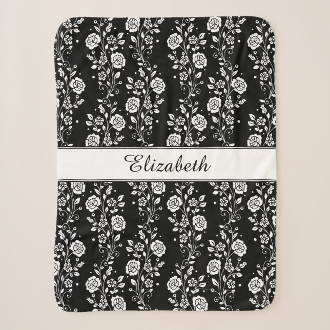 Rose Blume Blumenmuster Schwarz und Weiß Sherpadecke (Vorderseite)