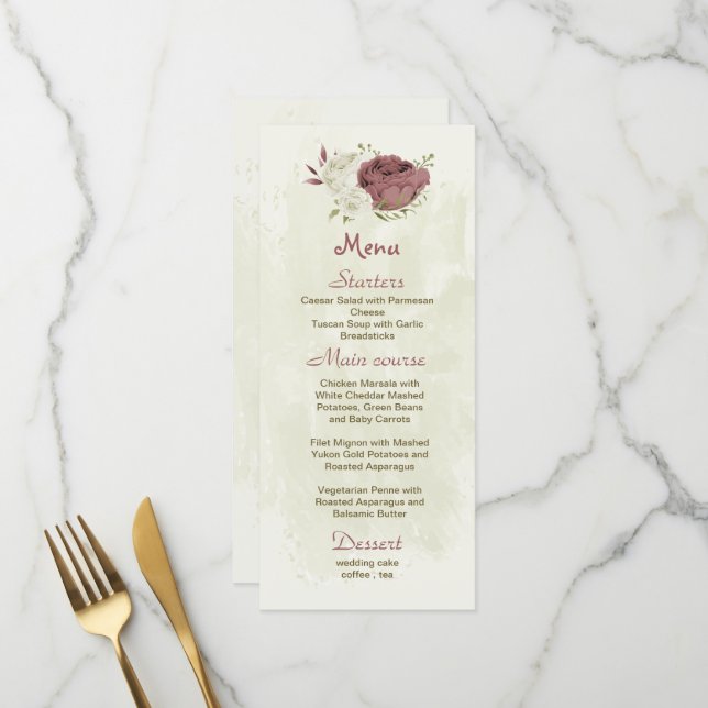 Rose Blume botanische Hochzeit Menükarte (Vorderseite/Rückseite Beispiel)