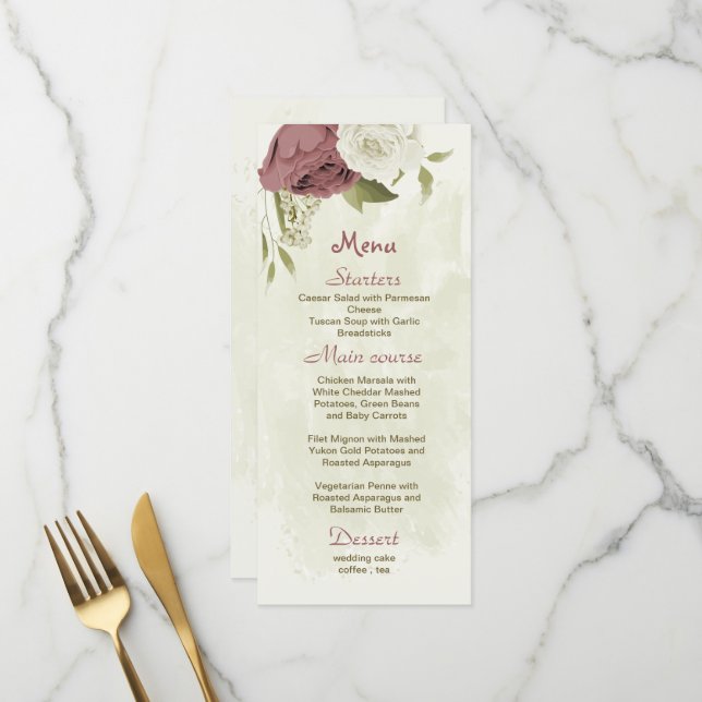 Rose Blume botanische Hochzeit Menükarte (Vorderseite/Rückseite Beispiel)