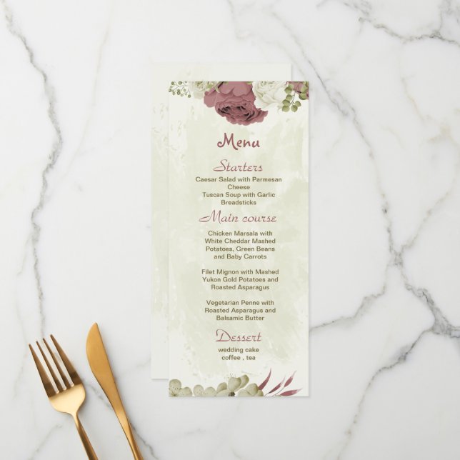 Rose Blume botanische Hochzeit Menükarte (Vorderseite/Rückseite Beispiel)