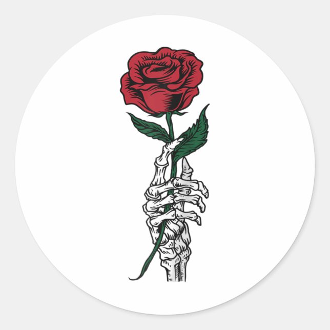 Rose Blume Geschenk - Weißes Skelett Hand halten A Runder Aufkleber (Vorderseite)