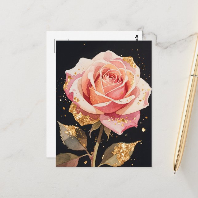 Rose Blume Gold Glitzer Ölgemälde Postkarte (Vorderseite/Rückseite Beispiel)