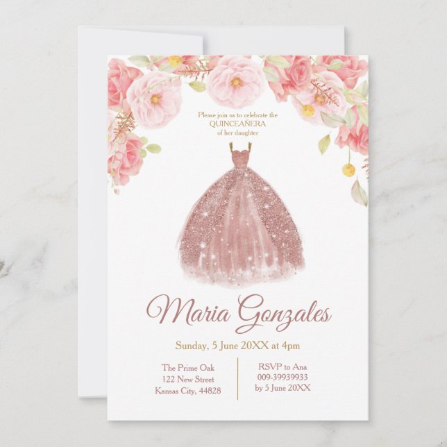 Rose Blume Gold Prinzessin Quinceanera Einladung (Vorderseite)