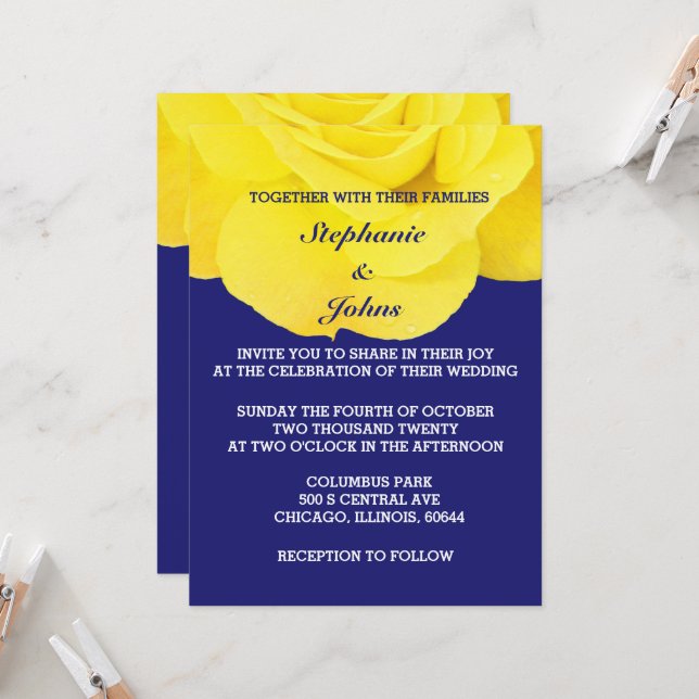 Rose Blume Golden Yellow Midnight Blue Wedding Einladung (Vorderseite/Rückseite Beispiel)