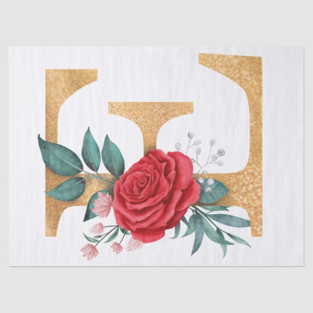 Rose Blume Goldener Buchstabe E Seidenpapier (Vorderseite)